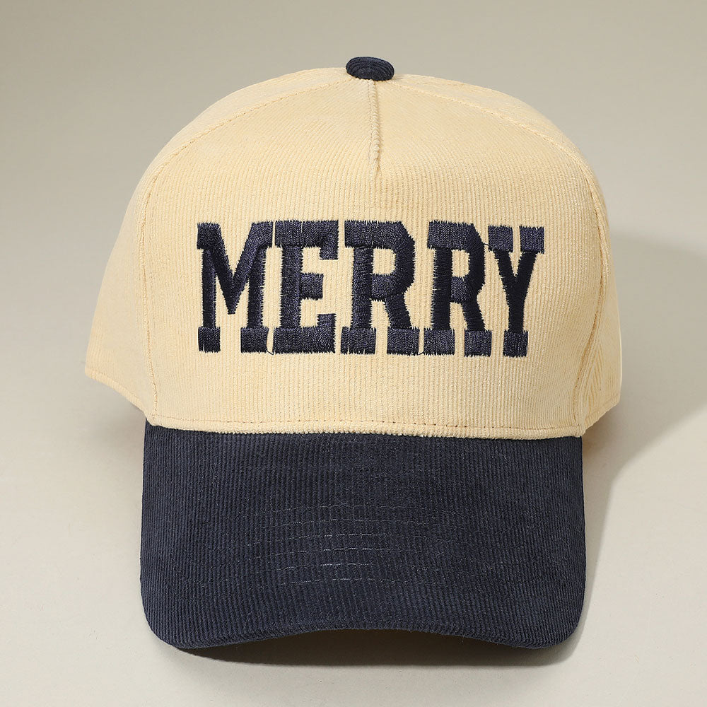 Madeline Love Navy MERRY Message Embroidered Corduroy Baseball Cap - Hats