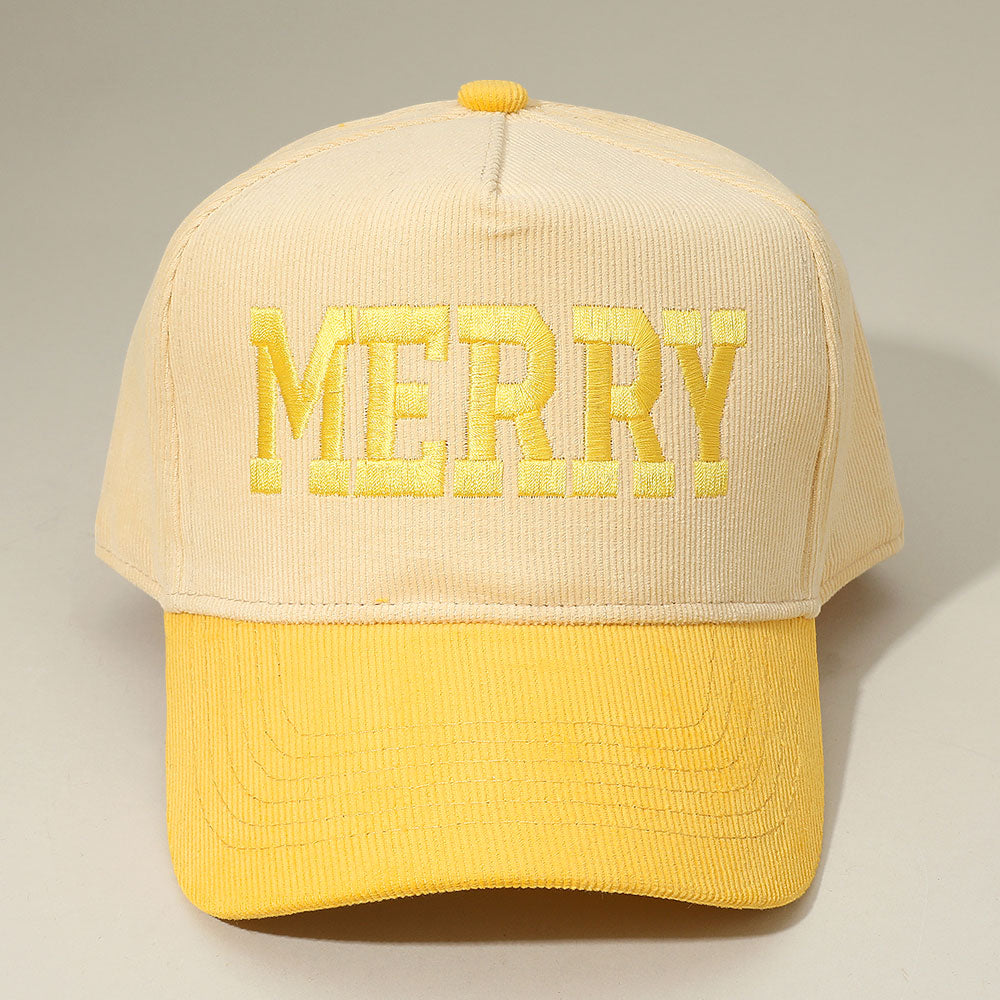 Madeline Love Yellow MERRY Message Embroidered Corduroy Baseball Cap - Hats