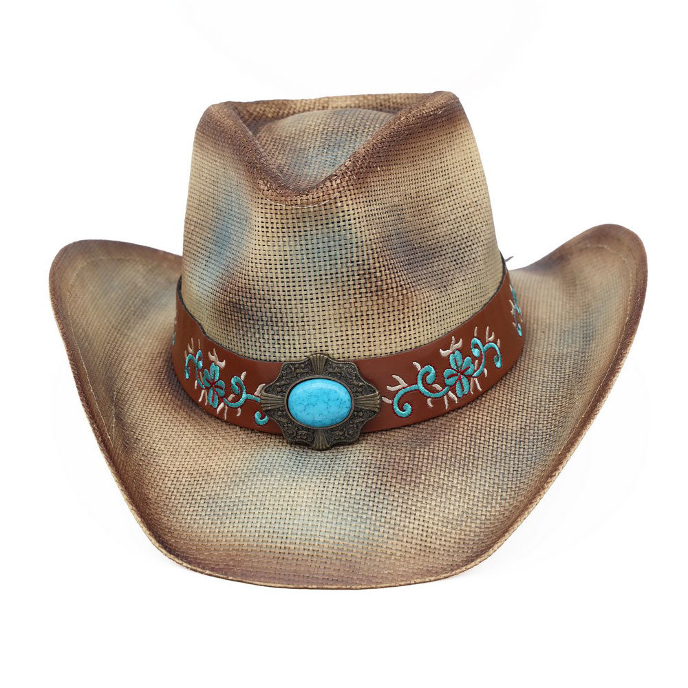 Madeline Love Beige Boho Oval Turquoise Stone Accent Floral Embroidered Band Washed Straw Western Cowboy Hat - Hats - desc