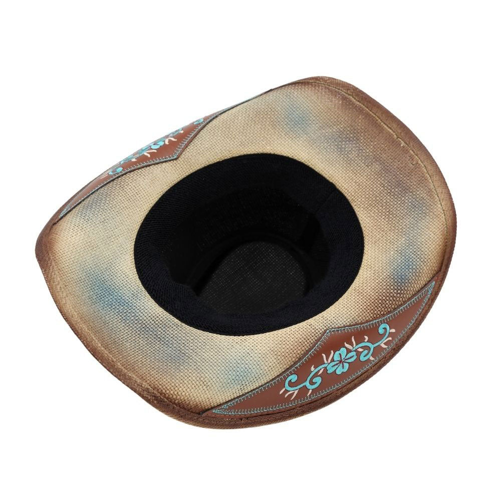 Madeline Love Beige Boho Oval Turquoise Stone Accent Floral Embroidered Band Washed Straw Western Cowboy Hat - Hats - extra