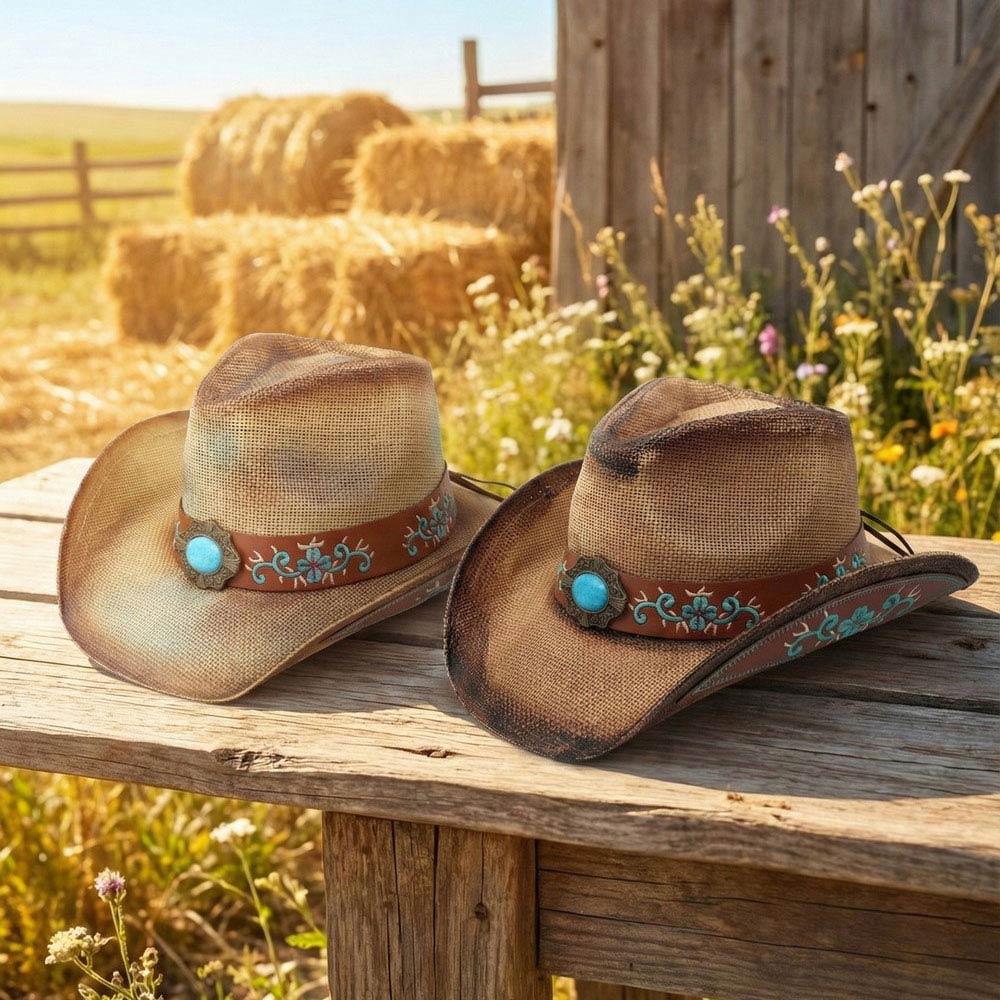 Madeline Love Beige Boho Oval Turquoise Stone Accent Floral Embroidered Band Washed Straw Western Cowboy Hat - Hats - extra