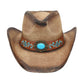 Madeline Love Taupe Boho Oval Turquoise Stone Accent Floral Embroidered Band Washed Straw Western Cowboy Hat - Hats - desc