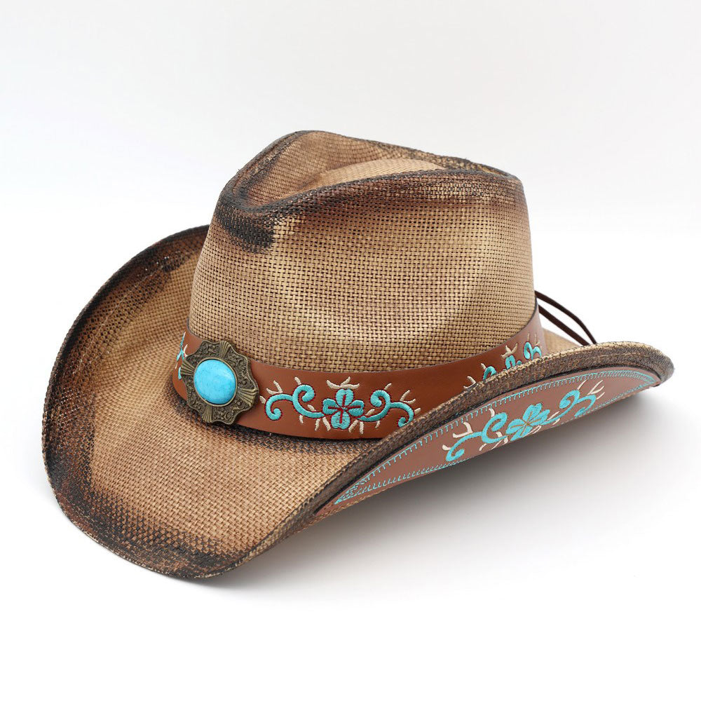 Madeline Love Taupe Boho Oval Turquoise Stone Accent Floral Embroidered Band Washed Straw Western Cowboy Hat - Hats - extra