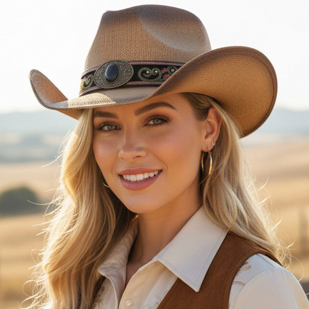Madeline Love Taupe Boho Oval Stone Accent Ornate Faux Leather Band Distressed Straw Western Cowboy Hat - Hats