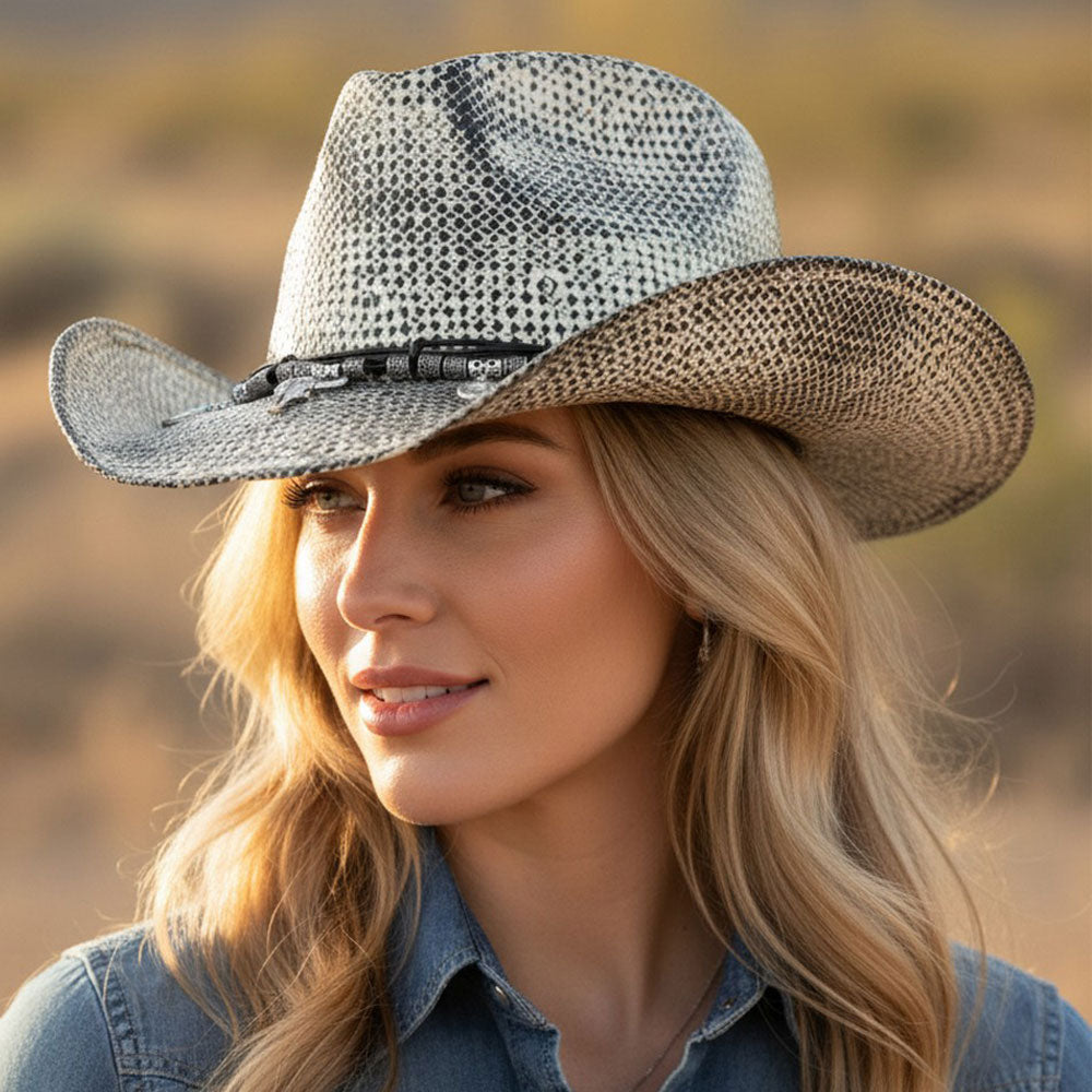Madeline Love Black Handmade Vintage Steer Head Cactus Horseshoe Charm Faux Leather Band Western Straw Cowboy Hat - Hats