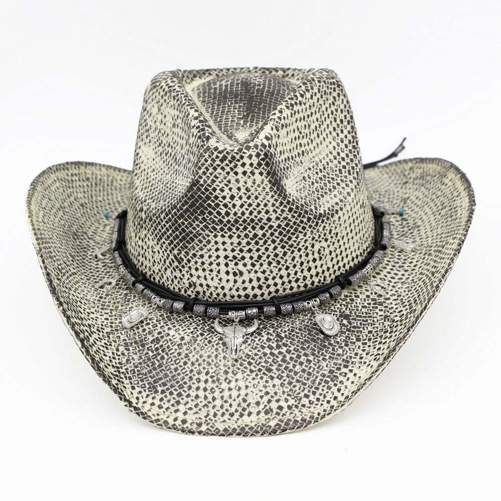 Madeline Love Black Handmade Vintage Steer Head Cactus Horseshoe Charm Faux Leather Band Western Straw Cowboy Hat - Hats - extra