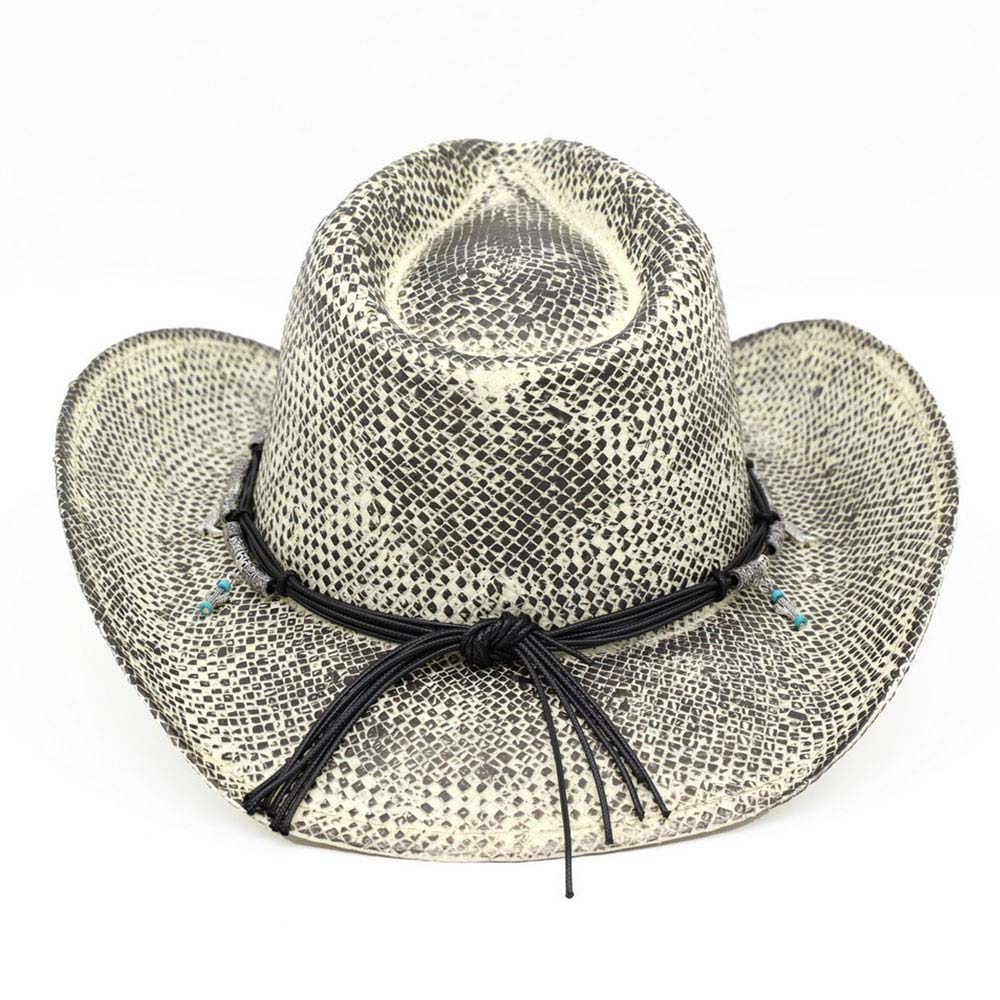 Madeline Love Black Handmade Vintage Steer Head Cactus Horseshoe Charm Faux Leather Band Western Straw Cowboy Hat - Hats - extra