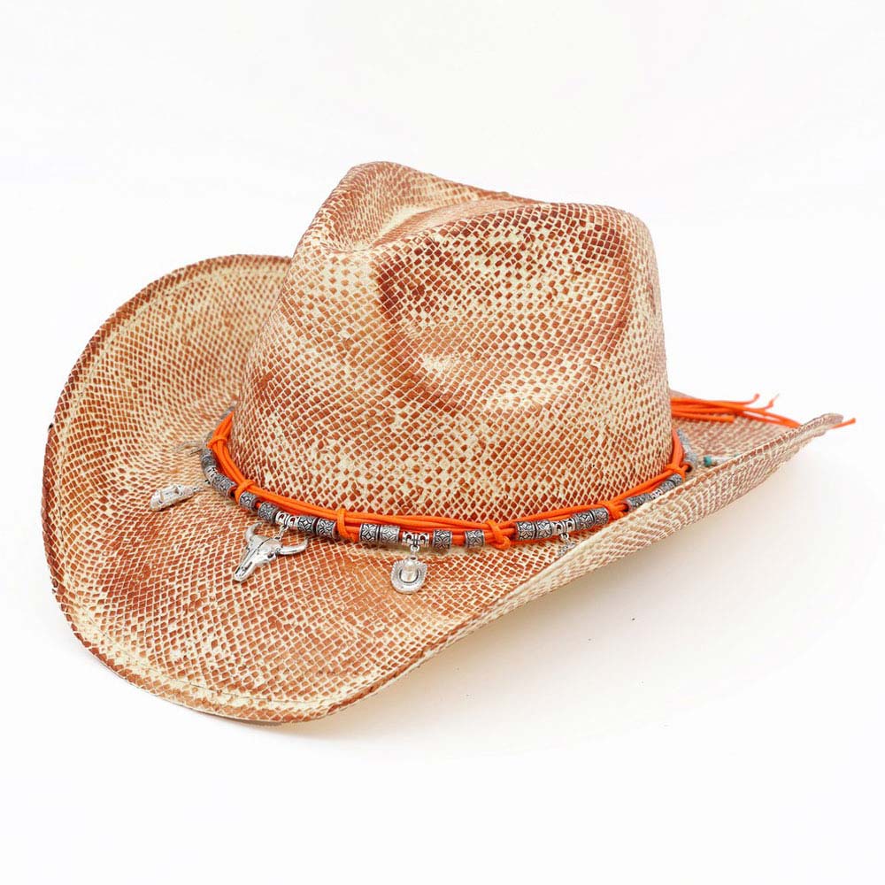 Madeline Love Coral Handmade Vintage Steer Head Cactus Horseshoe Charm Faux Leather Band Western Straw Cowboy Hat - Hats - desc