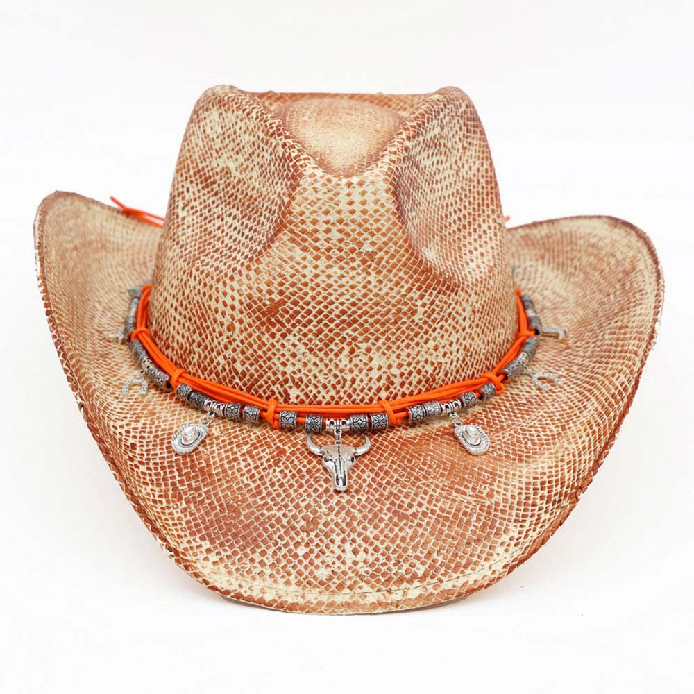Madeline Love Coral Handmade Vintage Steer Head Cactus Horseshoe Charm Faux Leather Band Western Straw Cowboy Hat - Hats - extra