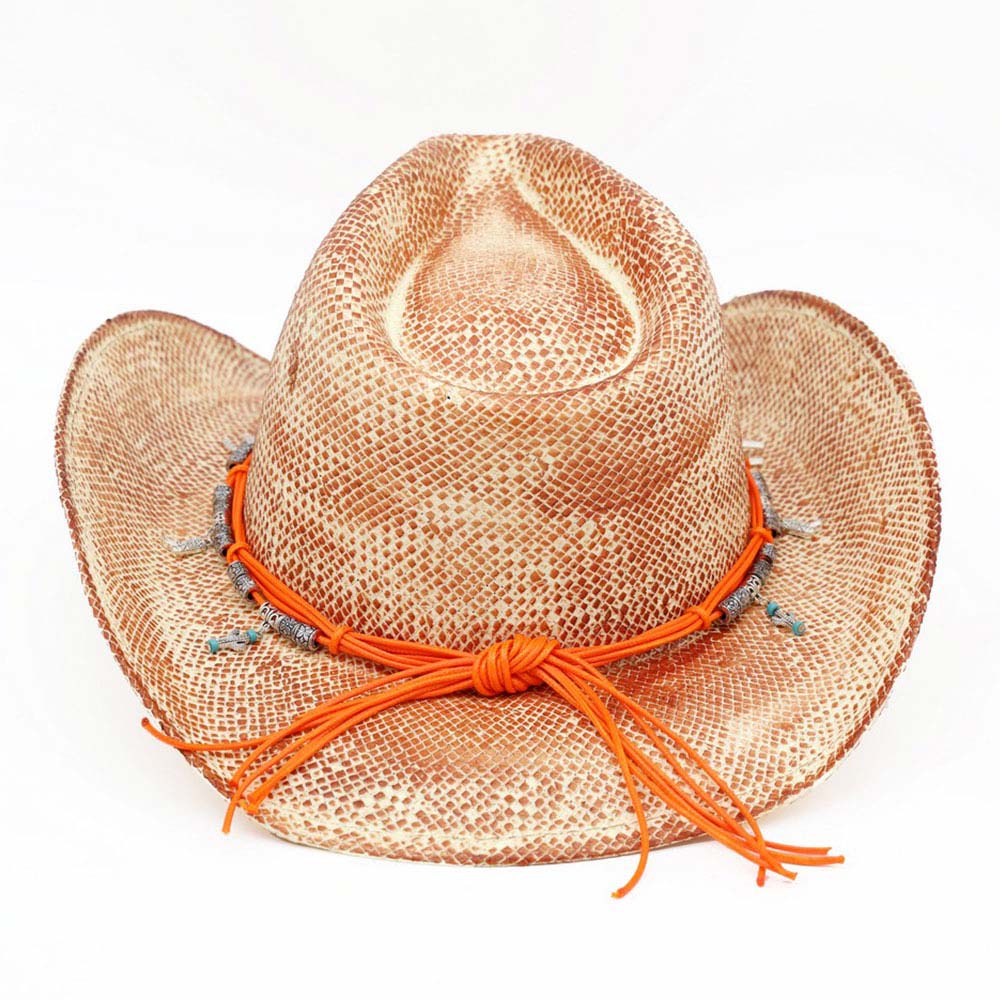 Madeline Love Coral Handmade Vintage Steer Head Cactus Horseshoe Charm Faux Leather Band Western Straw Cowboy Hat - Hats - extra