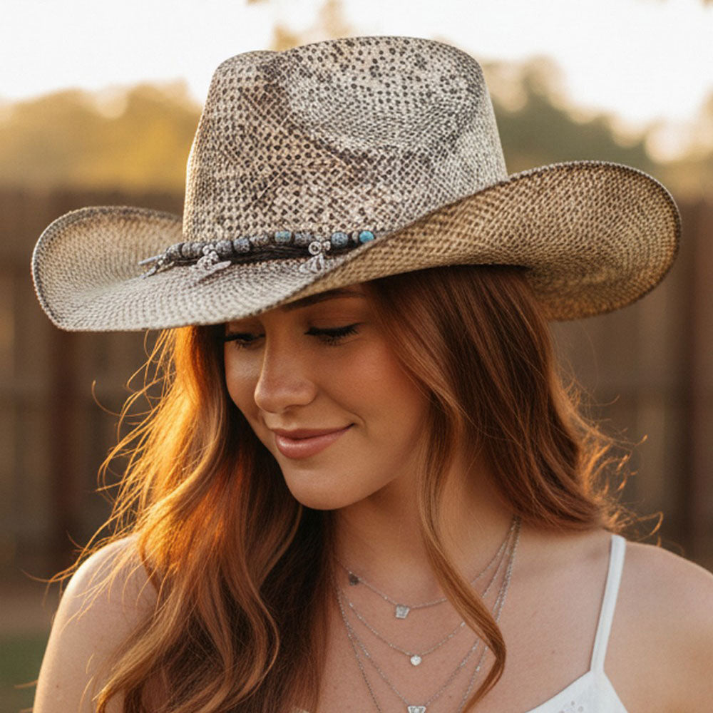 Madeline Love Taupe Handmade Vintage Steer Head Cactus Horseshoe Charm Faux Leather Band Western Straw Cowboy Hat - Hats