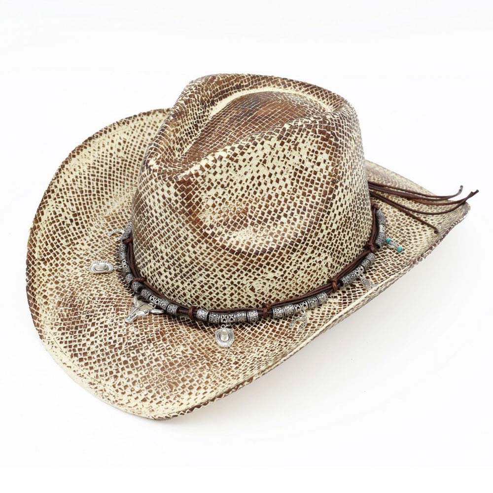 Madeline Love Taupe Handmade Vintage Steer Head Cactus Horseshoe Charm Faux Leather Band Western Straw Cowboy Hat - Hats - desc
