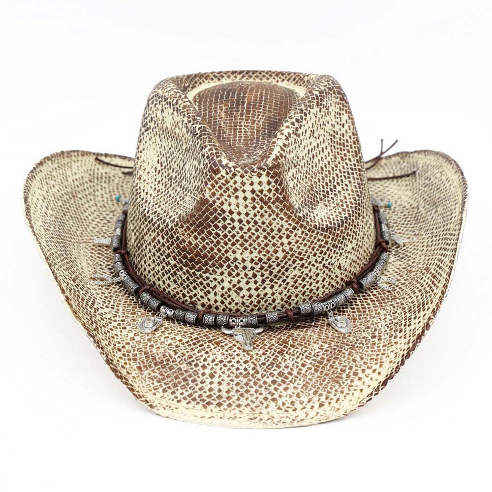 Madeline Love Taupe Handmade Vintage Steer Head Cactus Horseshoe Charm Faux Leather Band Western Straw Cowboy Hat - Hats - extra