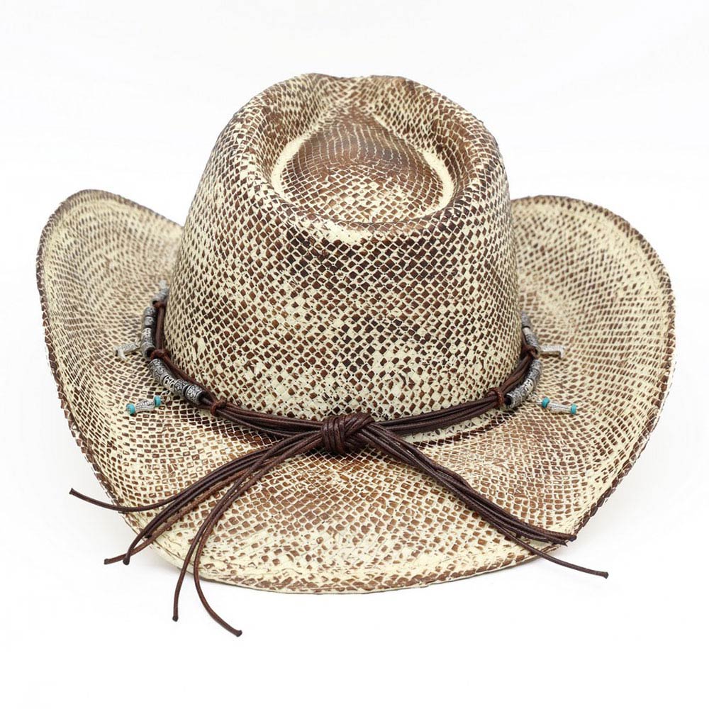 Madeline Love Taupe Handmade Vintage Steer Head Cactus Horseshoe Charm Faux Leather Band Western Straw Cowboy Hat - Hats - extra