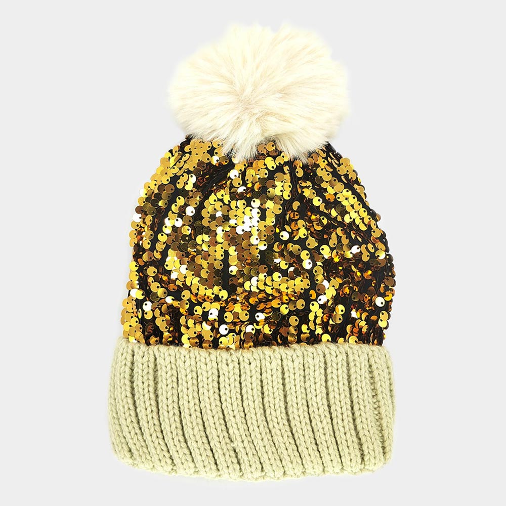 Gold Sequin Pom Pom Knit Beanie Hat