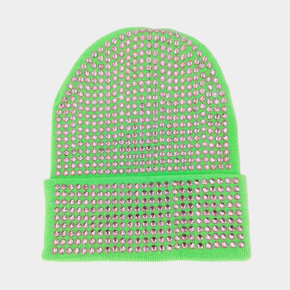 Green Bling Studded Beanie Hat