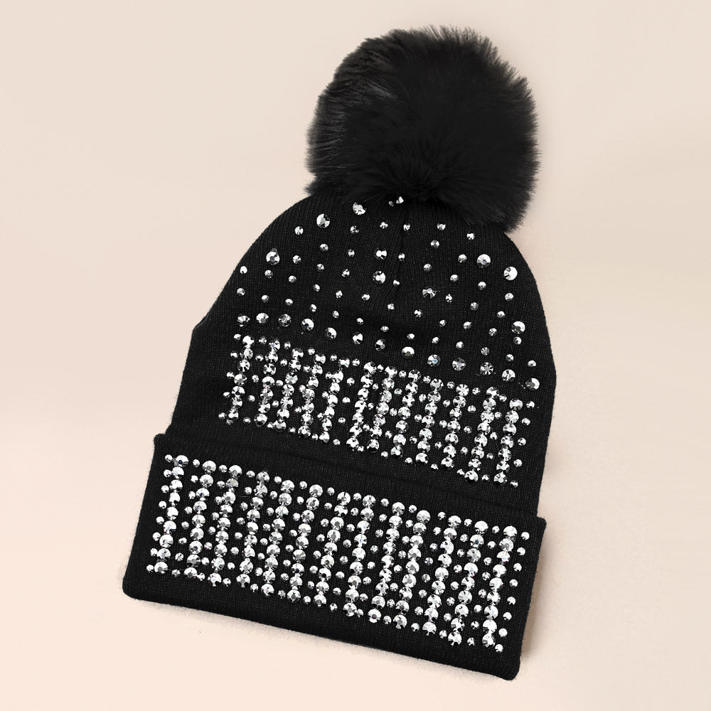 Black, Silver Bling Pom Pom Beanie Hat