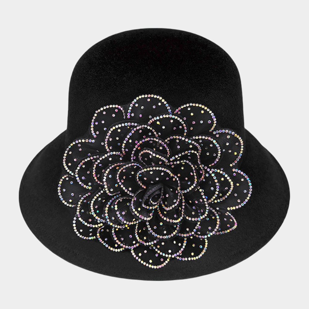 Madeline Love AB, Black Bling Studded Flower Felt Wedding Jazz Church Bucket Hat - Hats