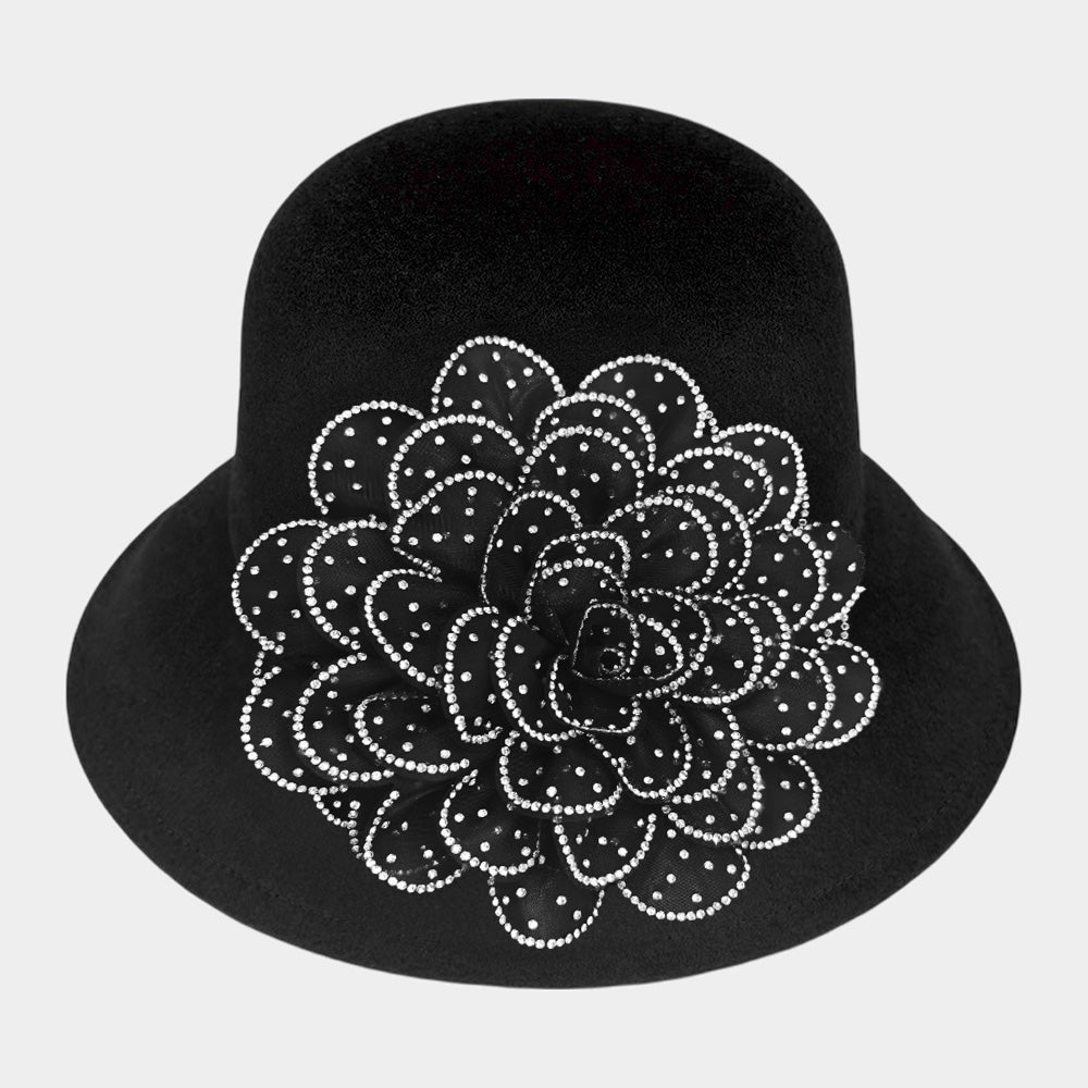 Madeline Love Black, Clear Bling Studded Flower Felt Wedding Jazz Church Bucket Hat - Hats