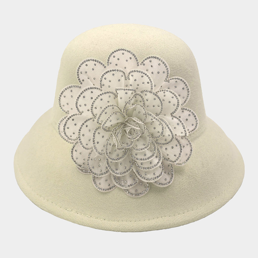 Madeline Love Clear, Ivory Bling Studded Flower Felt Wedding Jazz Church Bucket Hat - Hats