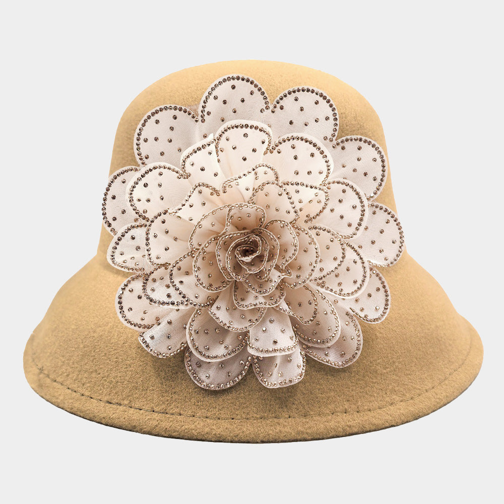 Madeline Love Beige, Lt Col Topaz Bling Studded Flower Felt Wedding Jazz Church Bucket Hat - Hats
