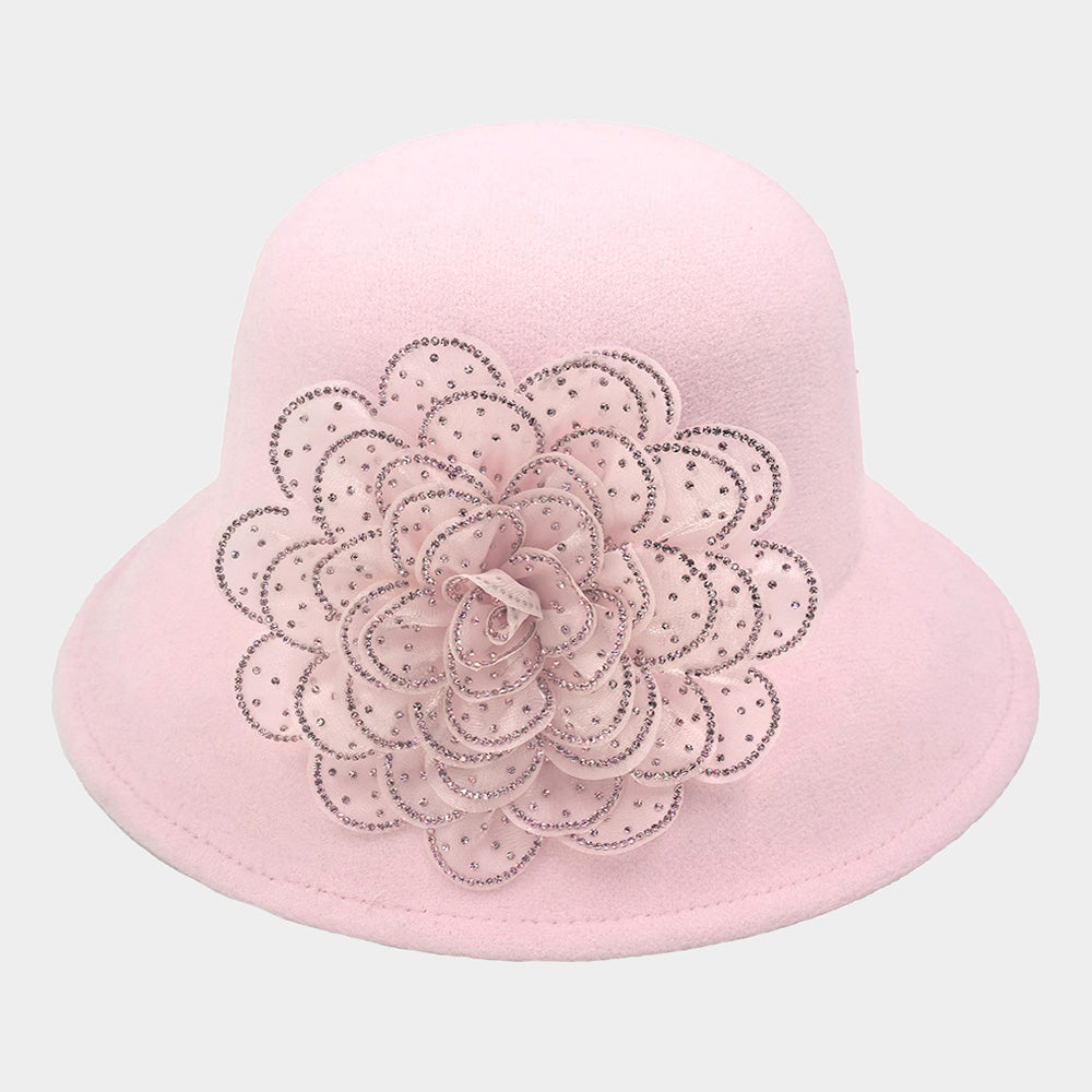 Madeline Love Pink Bling Studded Flower Felt Wedding Jazz Church Bucket Hat - Hats