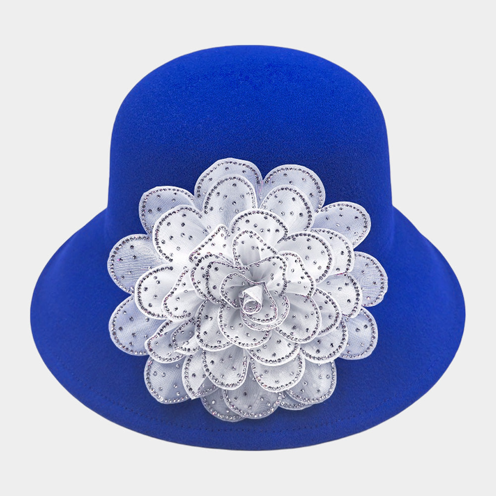 Madeline Love Clear, Royal Blue, White Bling Studded Flower Felt Wedding Jazz Church Bucket Hat - Hats