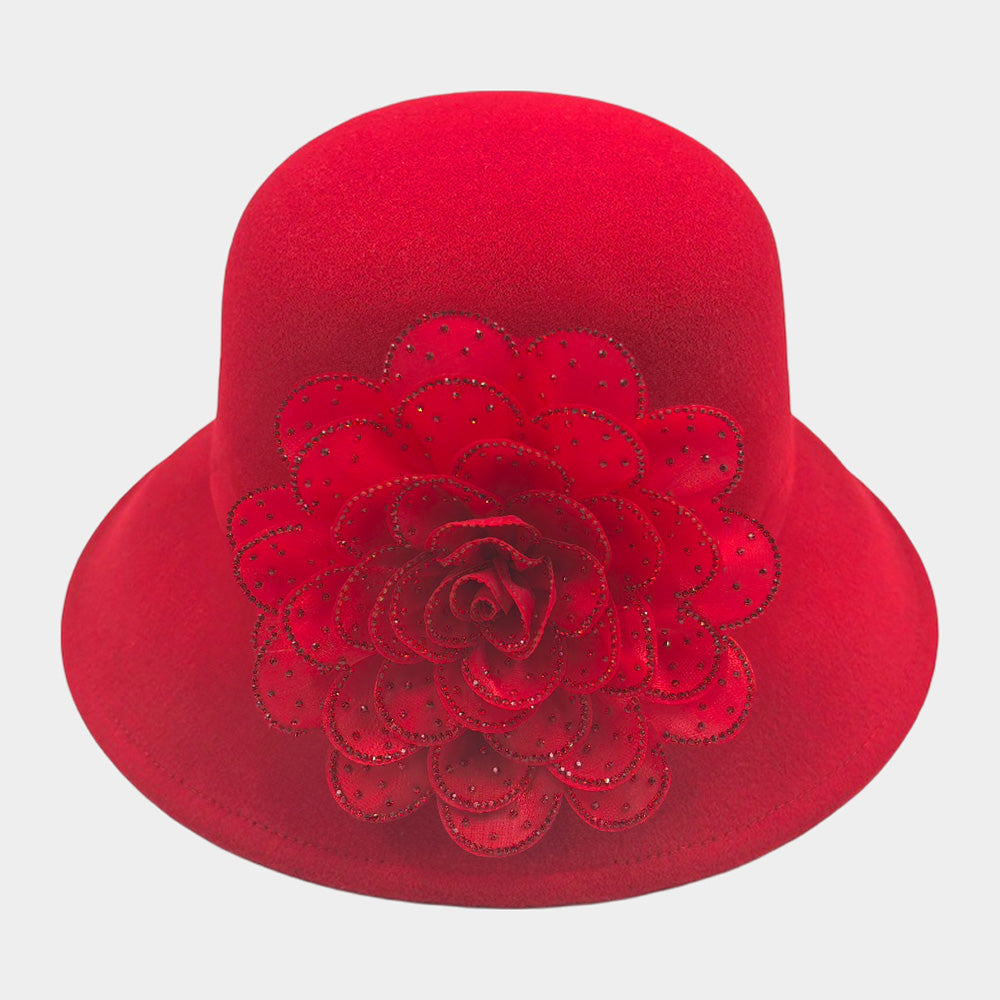 Madeline Love Red Bling Studded Flower Felt Wedding Jazz Church Bucket Hat - Hats
