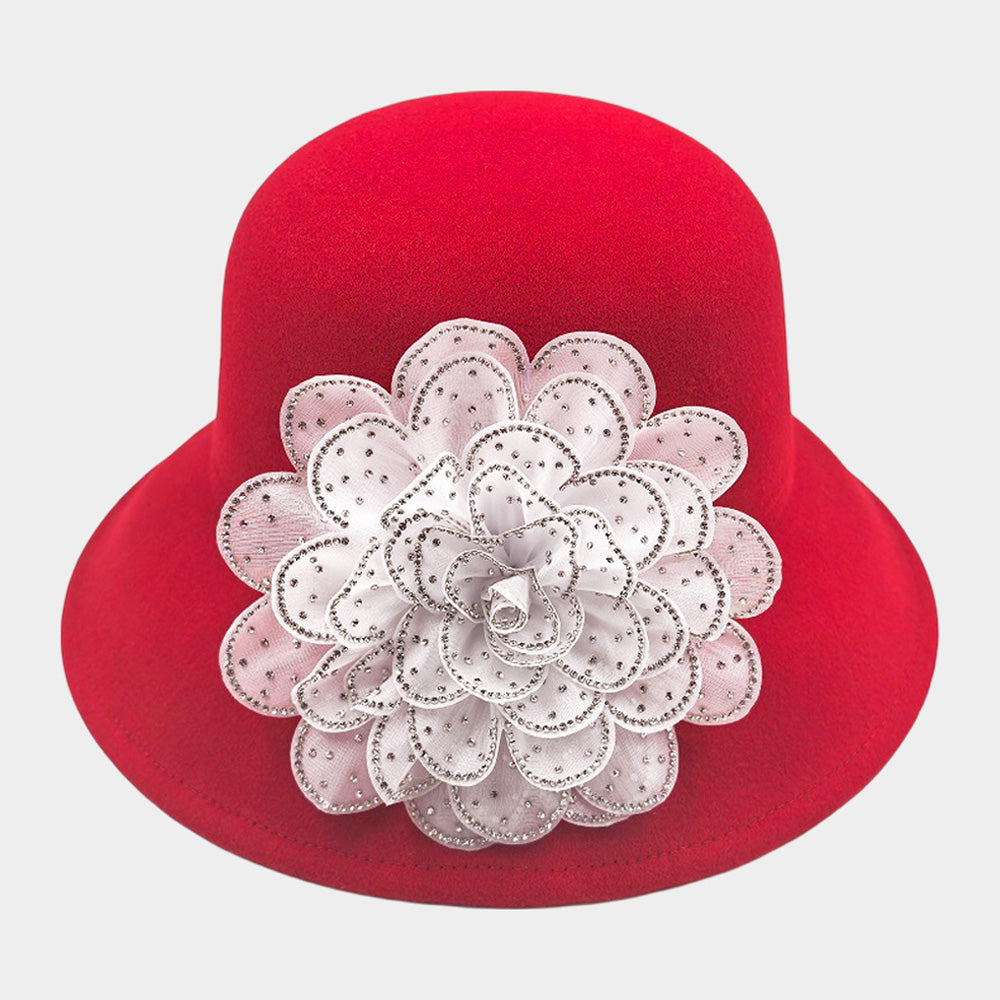 Madeline Love Clear, Red, White Bling Studded Flower Felt Wedding Jazz Church Bucket Hat - Hats
