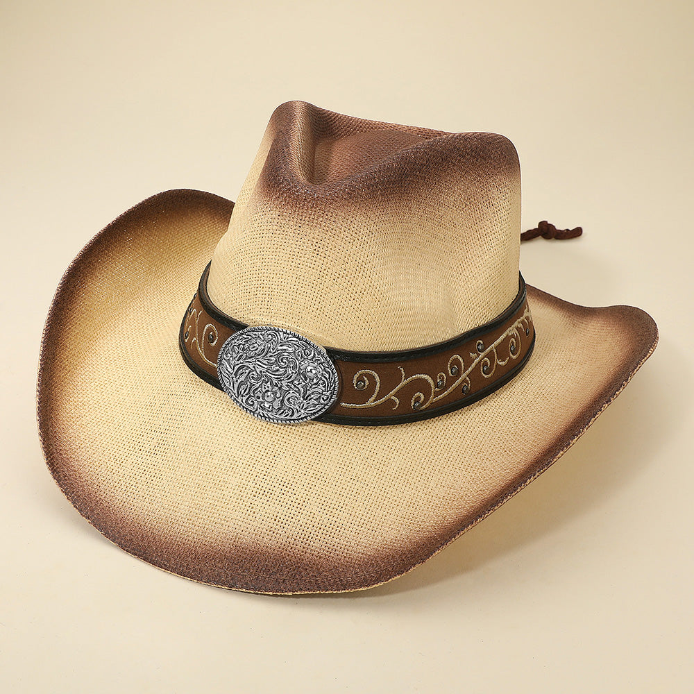 Madeline Love Beige Western Flower Vine Embossed Oval Concho Buckle Band Cowboy Fedora Hat - Hats
