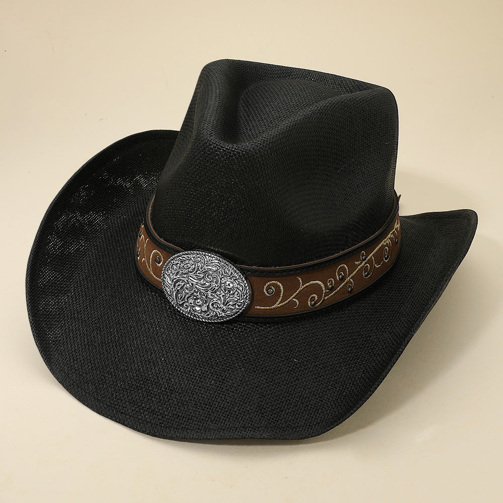 Madeline Love Black Western Flower Vine Embossed Oval Concho Buckle Band Cowboy Fedora Hat - Hats