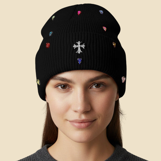 Black Rhinestone Cross Accent Teardrop Stone Cluster Embellished Knit Beanie Hat