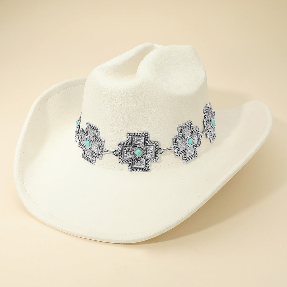 Madeline Love Beige Western Cross Concho Band Cowboy Fedora Hat - Hats