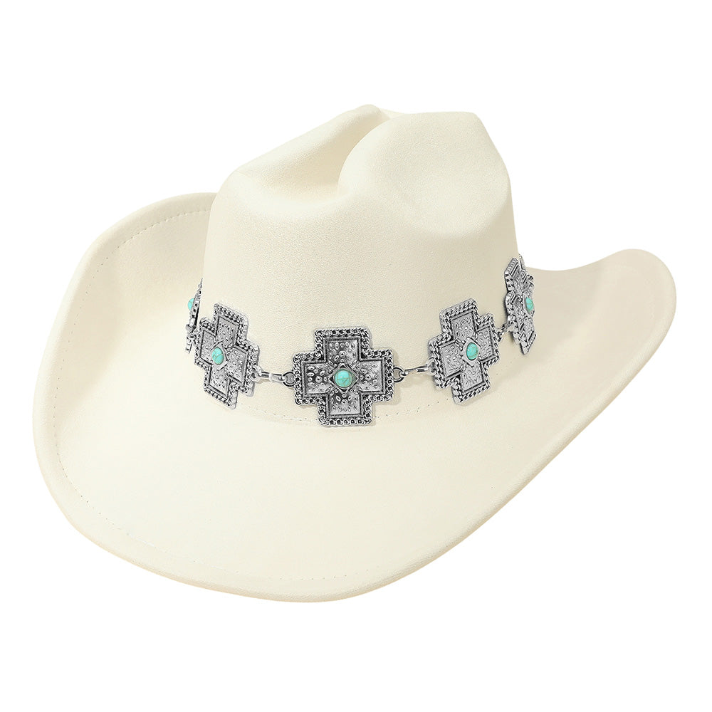 Madeline Love Beige Western Cross Concho Band Cowboy Fedora Hat - Hats - desc