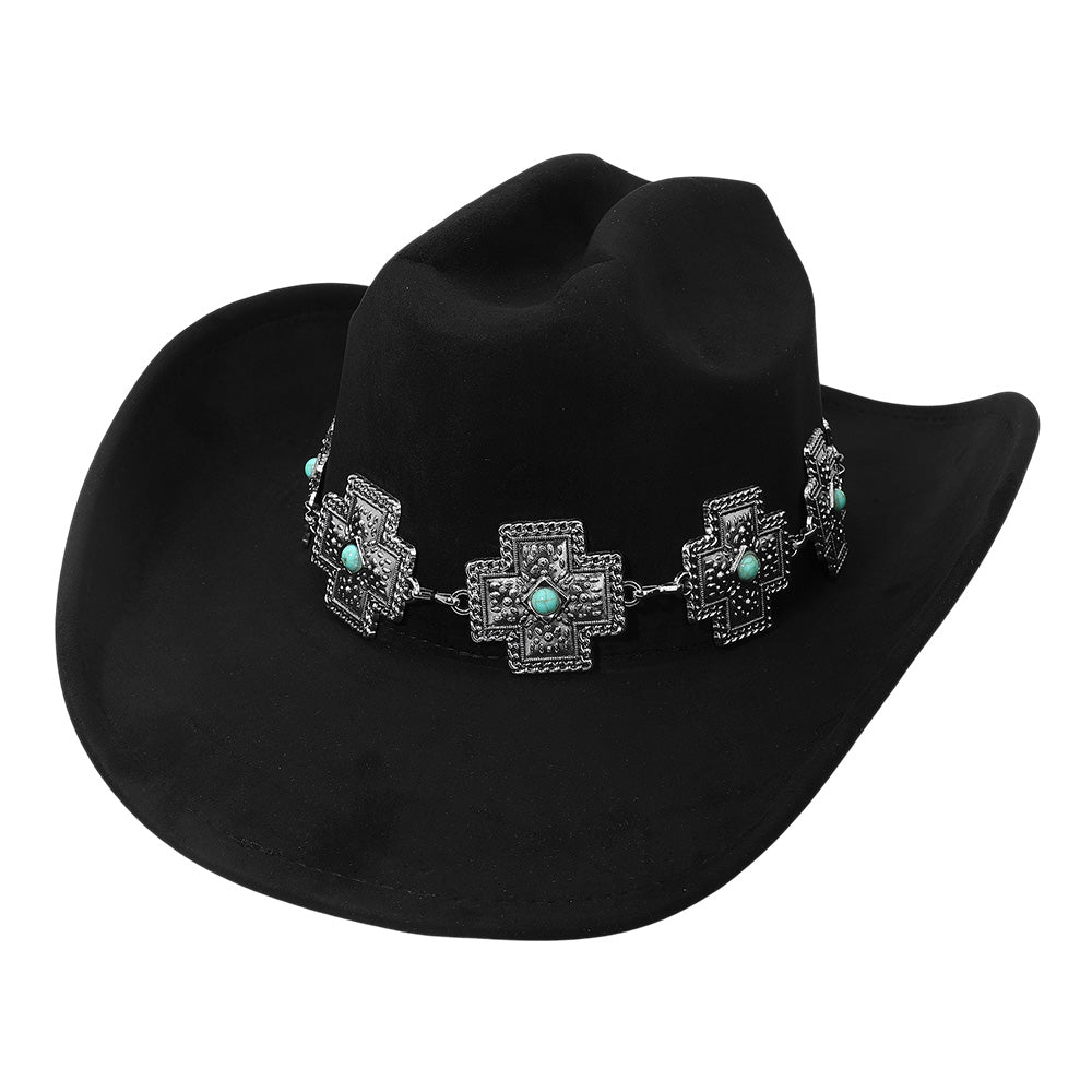 Madeline Love Black Western Cross Concho Band Cowboy Fedora Hat - Hats - desc