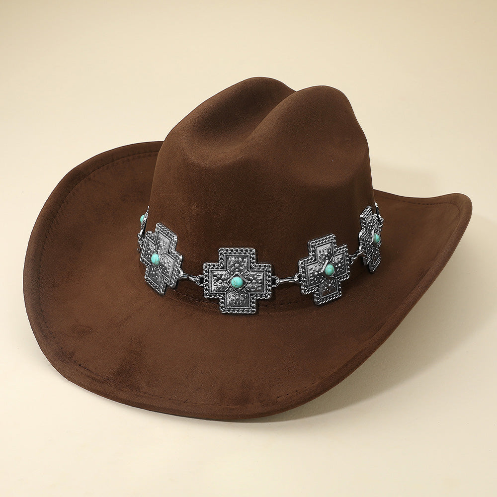 Madeline Love Brown Western Cross Concho Band Cowboy Fedora Hat - Hats