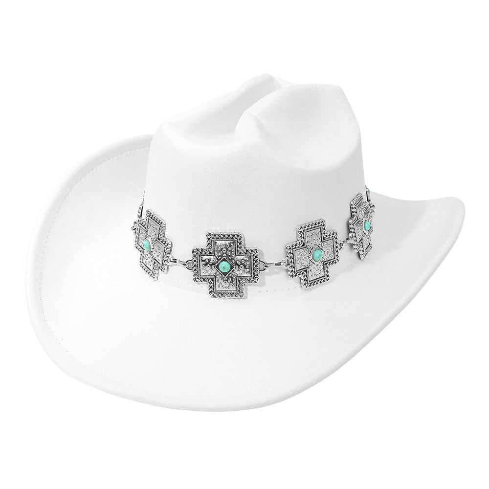 Madeline Love White Western Cross Concho Band Cowboy Fedora Hat - Hats - desc