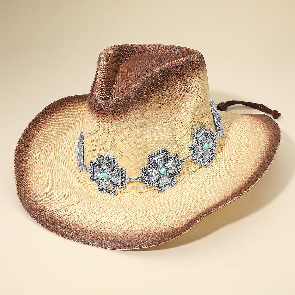 Madeline Love Beige Western Turquoise Stone Accent Cross Concho Buckle Band Cowboy Fedora Hat - Hats