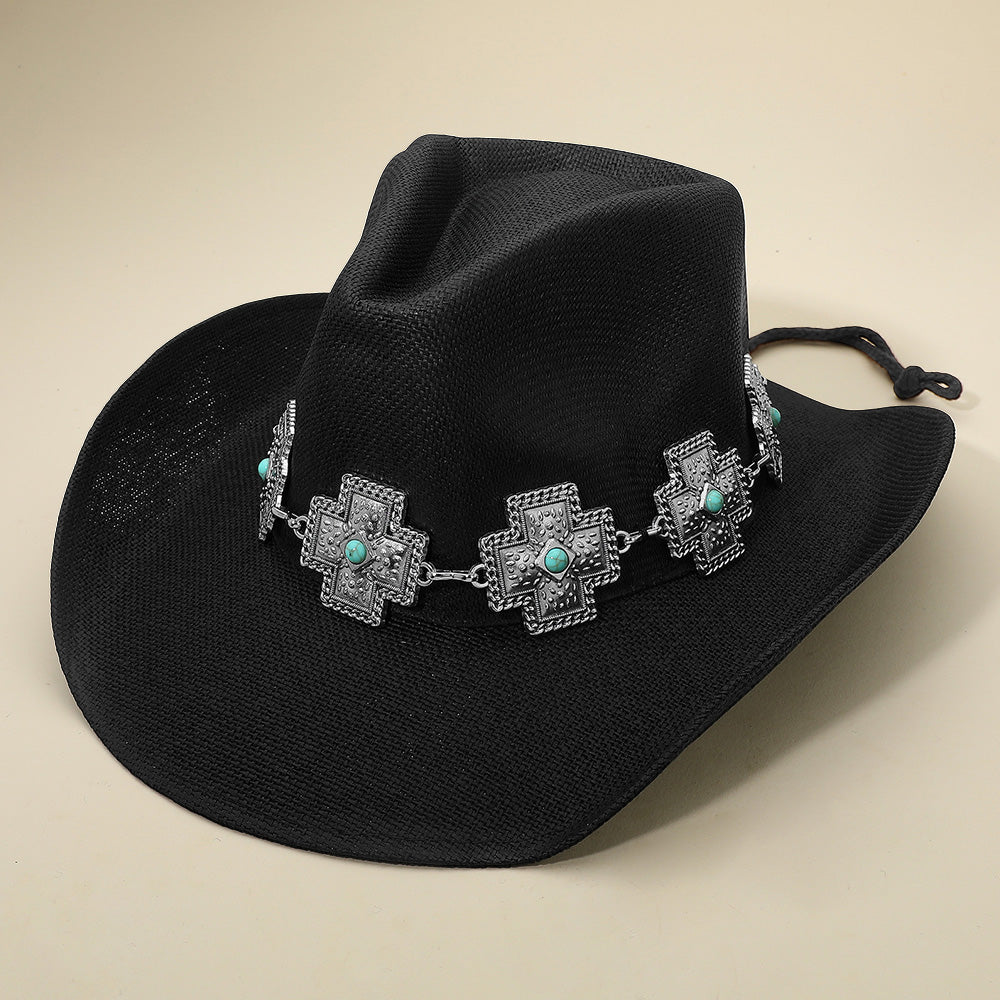Madeline Love Black Western Turquoise Stone Accent Cross Concho Buckle Band Cowboy Fedora Hat - Hats
