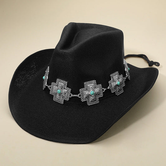 Madeline Love Black Western Turquoise Stone Accent Cross Concho Buckle Band Cowboy Fedora Hat - Hats