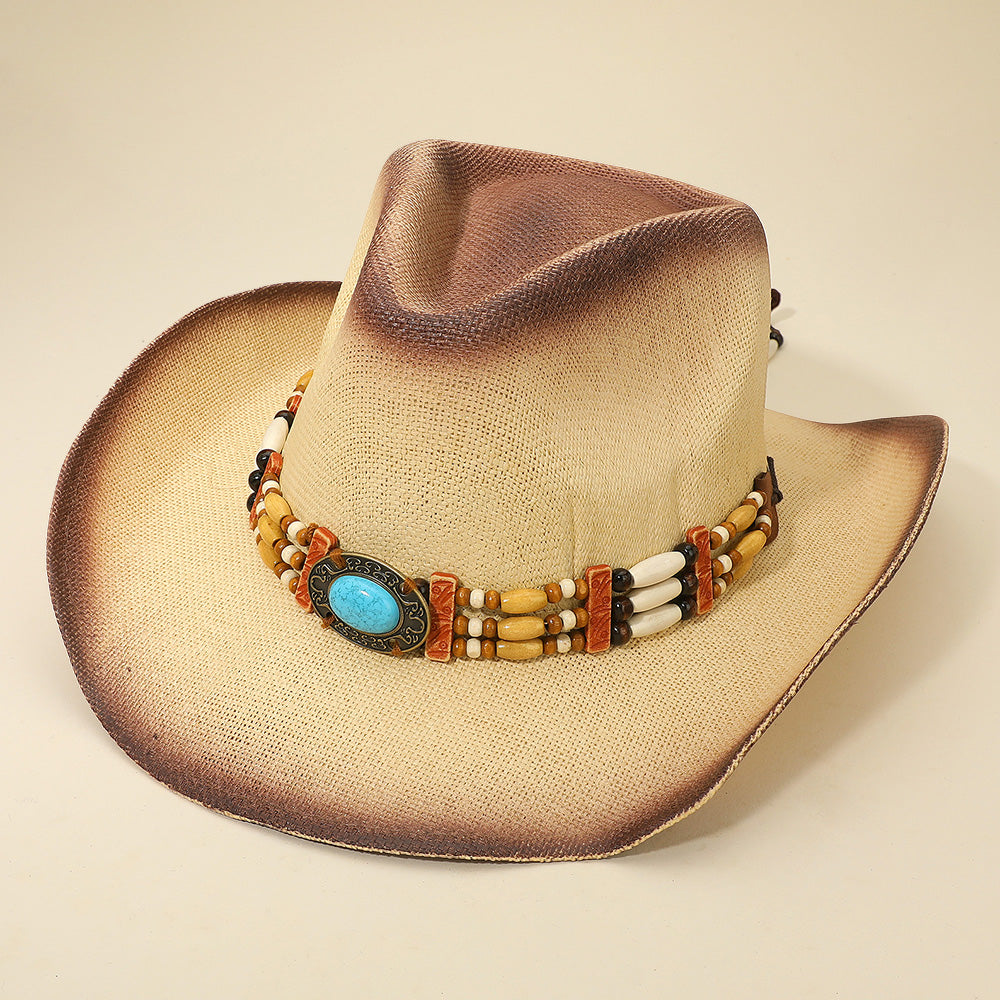 Madeline Love Beige Western Oval Turquoise Concho Buckle Wooden Beaded Band Cowboy Fedora Hat - Hats