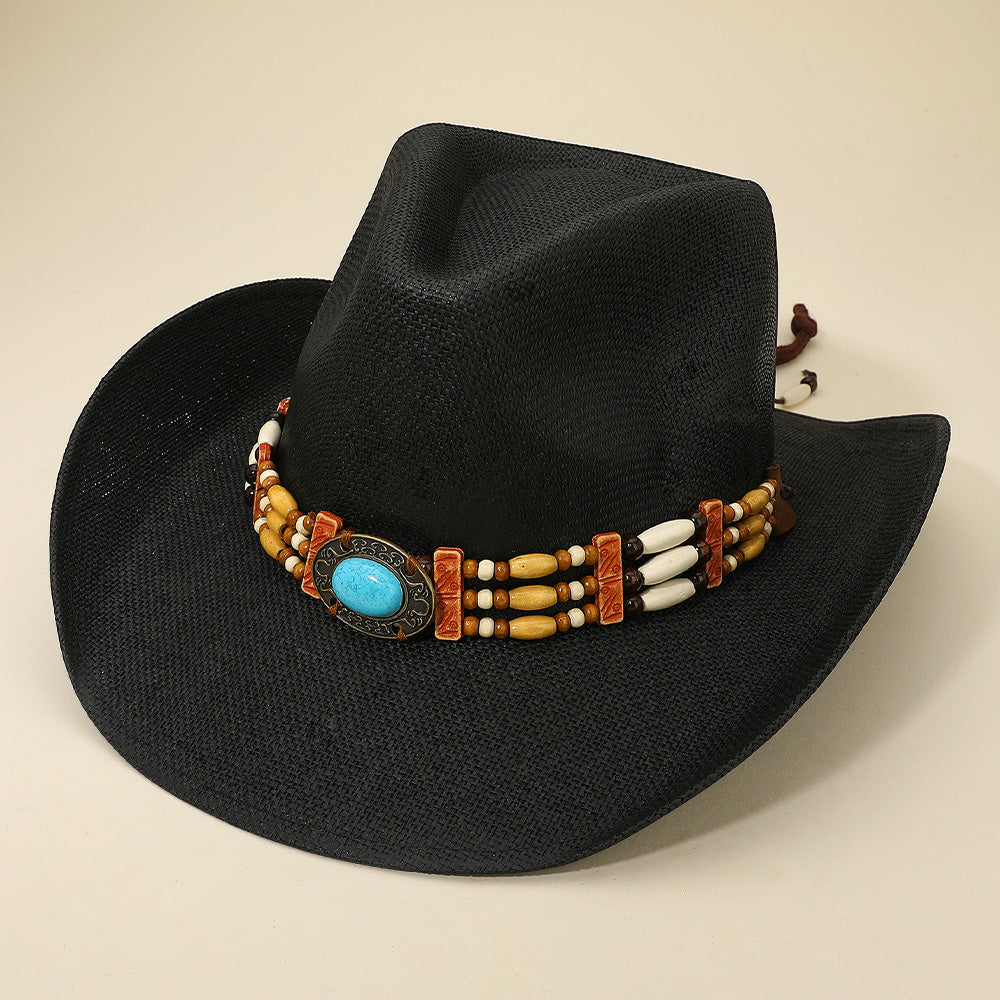 Madeline Love Black Western Oval Turquoise Concho Buckle Wooden Beaded Band Cowboy Fedora Hat - Hats