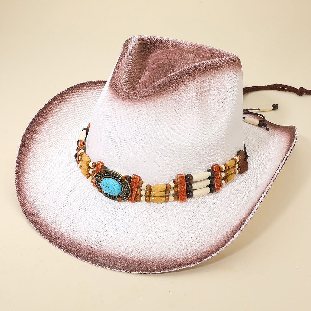 Madeline Love White Western Oval Turquoise Concho Buckle Wooden Beaded Band Cowboy Fedora Hat - Hats