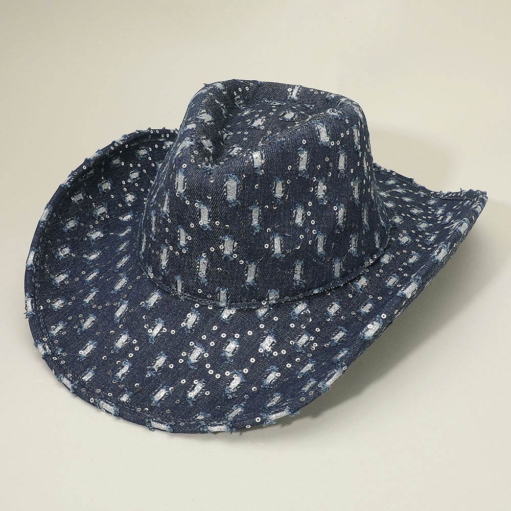 Madeline Love Blue, Dark, Denim Wide Brim Distressed Sequin Pattern Cowboy Fedora Hat - Hats