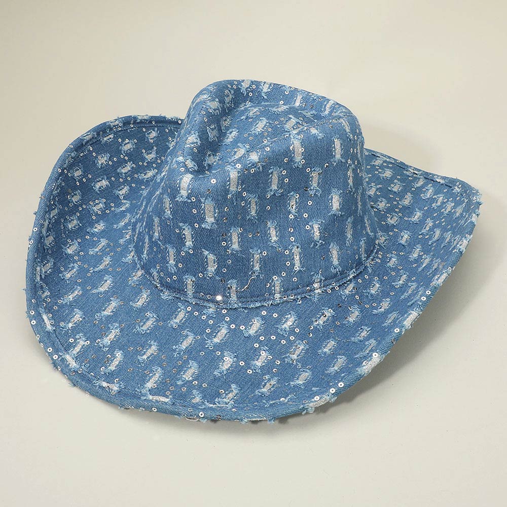 Madeline Love Blue, Denim Wide Brim Distressed Sequin Pattern Cowboy Fedora Hat - Hats