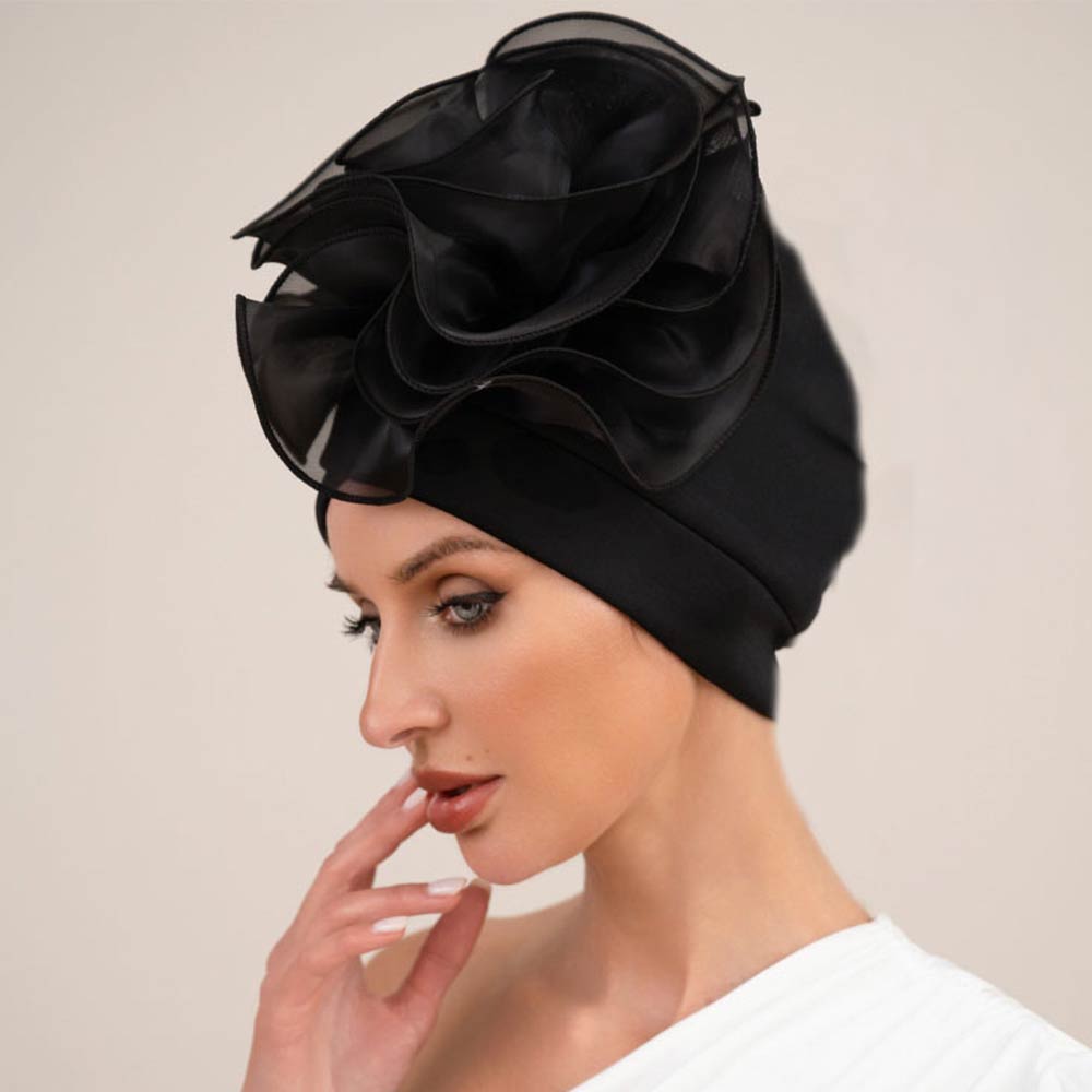 Madeline Love Black Bold Organza Flower Accent Statement Turban Hair Wrap - Hair Accessories