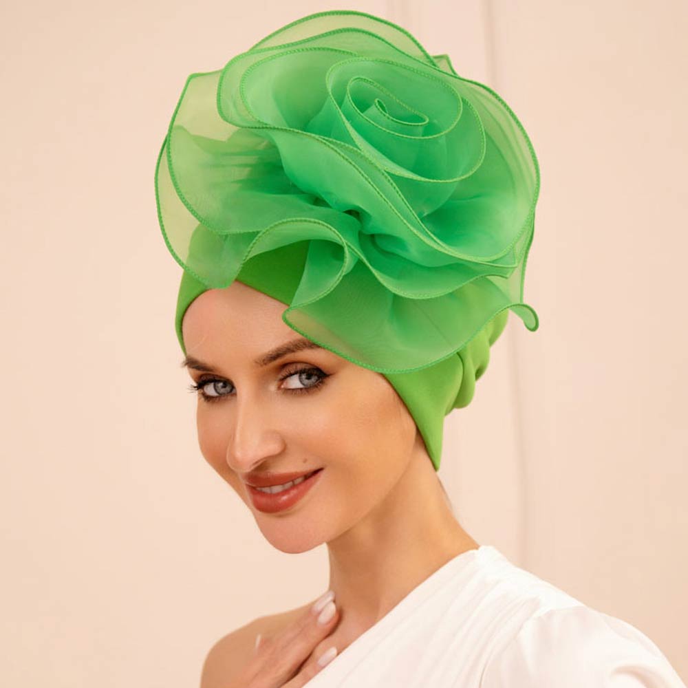 Madeline Love Green Bold Organza Flower Accent Statement Turban Hair Wrap - Hair Accessories
