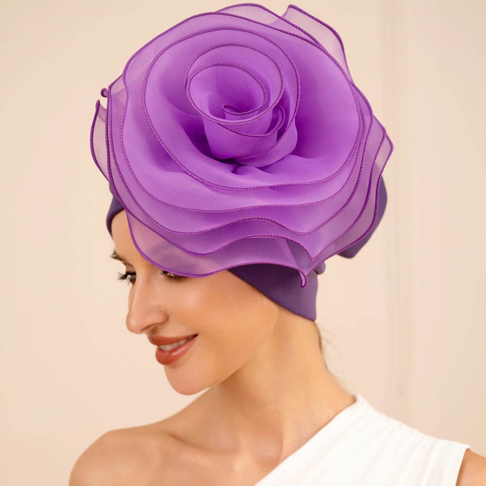 Madeline Love Purple Bold Organza Flower Accent Statement Turban Hair Wrap - Hair Accessories