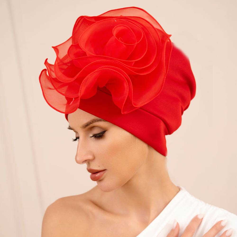 Madeline Love Red Bold Organza Flower Accent Statement Turban Hair Wrap - Hair Accessories