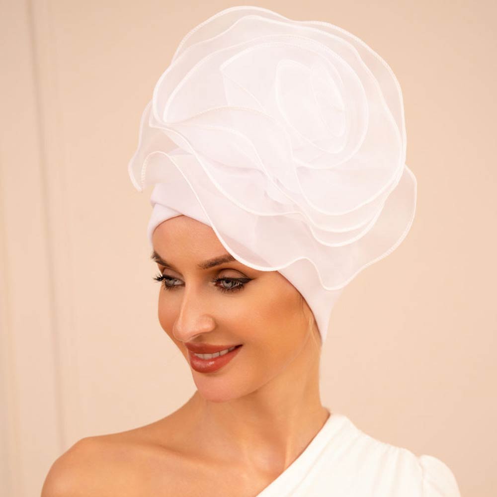 Madeline Love White Bold Organza Flower Accent Statement Turban Hair Wrap - Hair Accessories